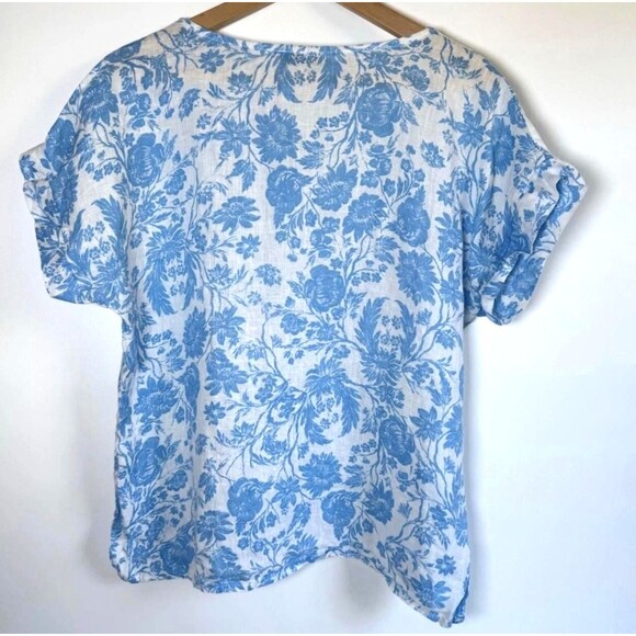 Bellambra Top Womens Small Blue White Floral Linen Made in Italy Blouse Coastal - Picture 3 of 10